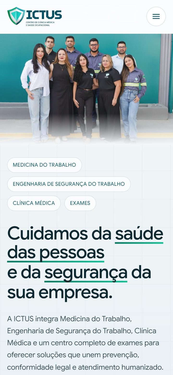 Topo do site da ICTUS com os quatro serviços e a equipe