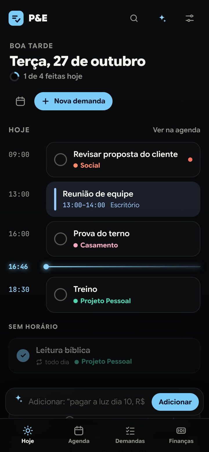 Tela Hoje em linha do tempo com a linha do agora